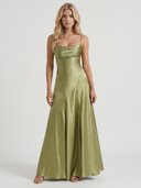 Nadine | Satin Maxi Dress – Evening Cowl Neck Spaghetti Strap Draped Front