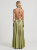 Nadine | Satin Maxi Dress – Evening Cowl Neck Spaghetti Strap Draped Front