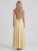 Nadine | Satin Maxi Dress – Evening Cowl Neck Spaghetti Strap Draped Front