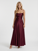 Nadine | Satin Maxi Dress – Evening Cowl Neck Spaghetti Strap Draped Front