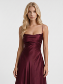 Nadine | Satin Maxi Dress – Evening Cowl Neck Spaghetti Strap Draped Front