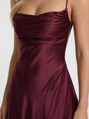 Nadine | Satin Maxi Dress – Evening Cowl Neck Spaghetti Strap Draped Front