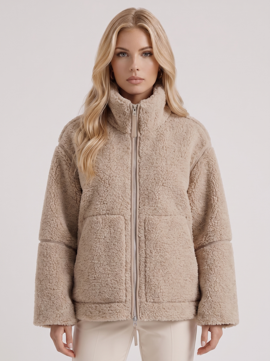 Natasha | Teddy Jacket – Winter High Collar Zip Front Long Sleeve Patch Pockets