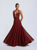 Naya | Halter Maxi Dress – Evening Plunge Neck Lace Up Back Pleated Skirt