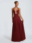 Naya | Halter Maxi Dress – Evening Plunge Neck Lace Up Back Pleated Skirt