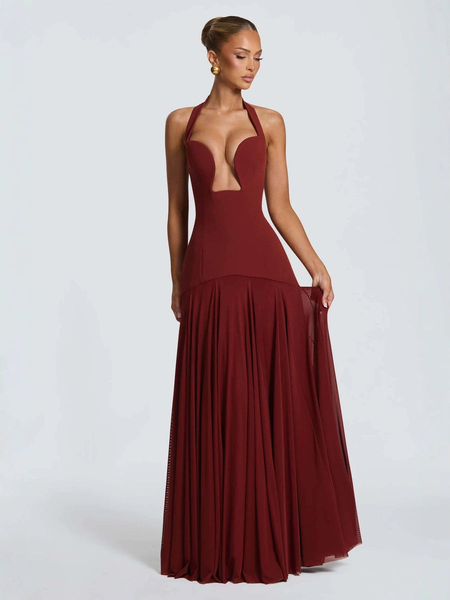 Naya | Halter Maxi Dress – Evening Plunge Neck Lace Up Back Pleated Skirt