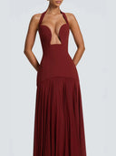 Naya | Halter Maxi Dress – Evening Plunge Neck Lace Up Back Pleated Skirt