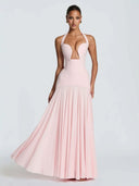 Naya | Halter Maxi Dress – Evening Plunge Neck Lace Up Back Pleated Skirt