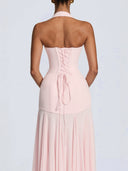 Naya | Halter Maxi Dress – Evening Plunge Neck Lace Up Back Pleated Skirt