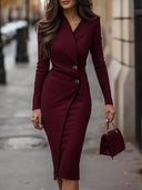 Nessa | Formal Solid Midi Dress – Wrap Front Long Sleeve Button Detail