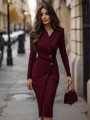 Nessa | Formal Solid Midi Dress – Wrap Front Long Sleeve Button Detail