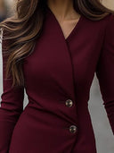 Nessa | Formal Solid Midi Dress – Wrap Front Long Sleeve Button Detail