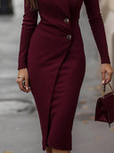 Nessa | Formal Solid Midi Dress – Wrap Front Long Sleeve Button Detail