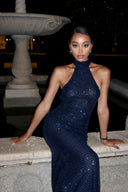 Nevaeh | Sequin Halter Maxi Dress – Evening High Neck Sleeveless Floor Length