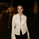 Niamh | Satin Button Top – Deep V Collared Long Sleeve