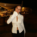 Niamh | Satin Button Top – Deep V Collared Long Sleeve