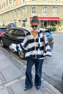 Norah | Oversized Striped Cardigan – V Neck Button Front Balloon Sleeve