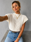 Nyomi | Cable Knit Tops – Casual Mock Neck Cap Sleeve Chevron Pattern
