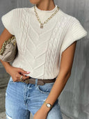 Nyomi | Cable Knit Tops – Casual Mock Neck Cap Sleeve Chevron Pattern