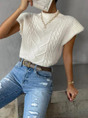 Nyomi | Cable Knit Tops – Casual Mock Neck Cap Sleeve Chevron Pattern