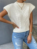 Nyomi | Cable Knit Tops – Casual Mock Neck Cap Sleeve Chevron Pattern