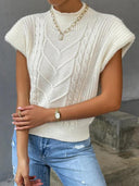 Nyomi | Cable Knit Tops – Casual Mock Neck Cap Sleeve Chevron Pattern