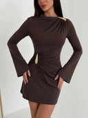 Ofelia | Ruched Mini Dress – Evening Boat Neck Bell Sleeve Teardrop Accents