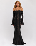 Oksana | Floral Lace Maxi Dress – Evening Asymmetric Neck Sheer Bodice High Slit