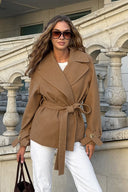 Olive | Belted Wrap Jacket – Wide Lapel Button Cuff Long Sleeve