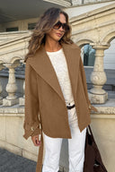 Olive | Belted Wrap Jacket – Wide Lapel Button Cuff Long Sleeve