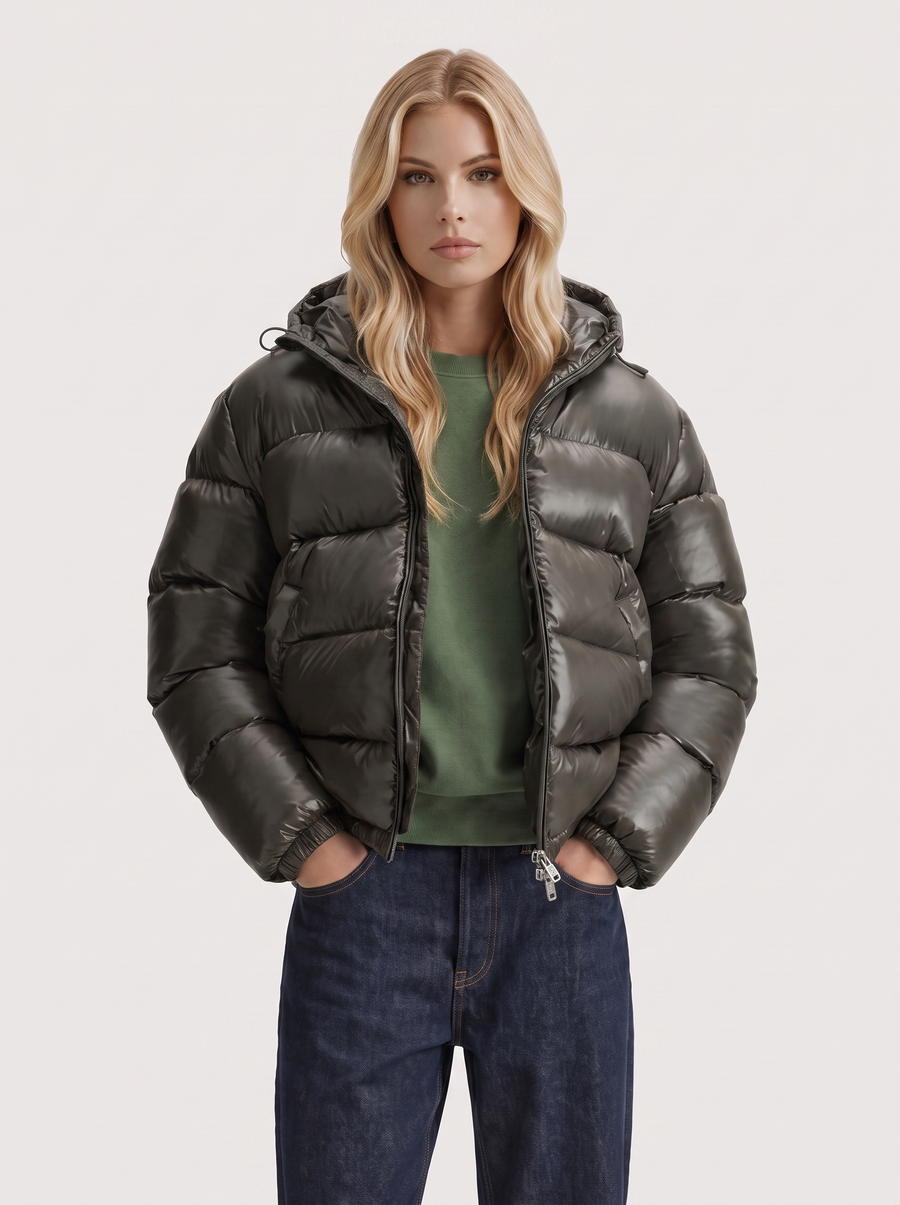Oriana | Glossy Puffer Jacket – Winter Hooded Zip Front Long Sleeve Pockets