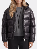 Oriana | Glossy Puffer Jacket – Winter Hooded Zip Front Long Sleeve Pockets