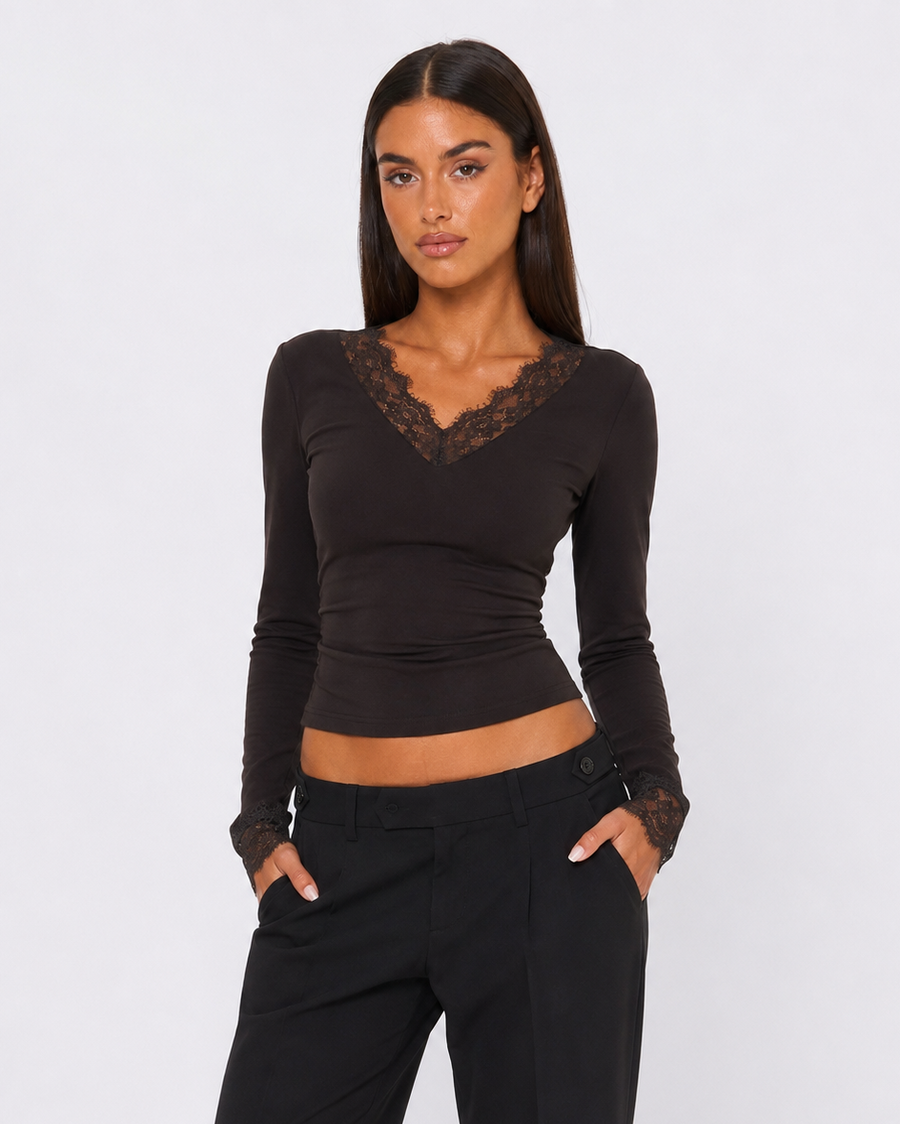 Orietta | Lace Trim Crop Top – Casual V Neck Long Sleeve Floral Cuffs Fitted