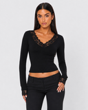 Orietta | Lace Trim Crop Top – Casual V Neck Long Sleeve Floral Cuffs Fitted