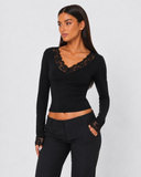 Orietta | Lace Trim Crop Top – Casual V Neck Long Sleeve Floral Cuffs Fitted