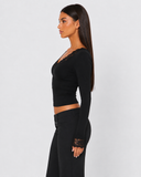 Orietta | Lace Trim Crop Top – Casual V Neck Long Sleeve Floral Cuffs Fitted