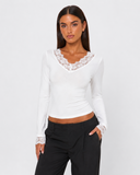Orietta | Lace Trim Crop Top – Casual V Neck Long Sleeve Floral Cuffs Fitted