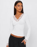 Orietta | Lace Trim Crop Top – Casual V Neck Long Sleeve Floral Cuffs Fitted