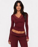 Orietta | Lace Trim Crop Top – Casual V Neck Long Sleeve Floral Cuffs Fitted