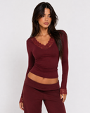 Orietta | Lace Trim Crop Top – Casual V Neck Long Sleeve Floral Cuffs Fitted
