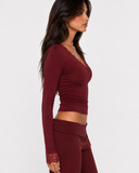 Orietta | Lace Trim Crop Top – Casual V Neck Long Sleeve Floral Cuffs Fitted