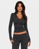 Orietta | Lace Trim Crop Top – Casual V Neck Long Sleeve Floral Cuffs Fitted