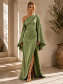 Paisley | One Shoulder Maxi Dress – Draped High Slit Formal Long Sleeve Gown