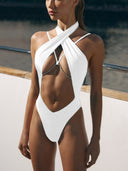 Pamela | Halter Cutout One Piece Swimsuit – Beach Cross Neck Strap Trim
