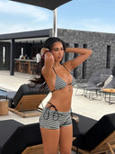 Patty | Striped Bikini Set – Beach Swim Halter Tie Side Mini Skirt