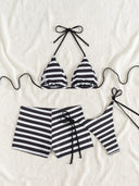 Patty | Striped Bikini Set – Beach Swim Halter Tie Side Mini Skirt