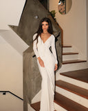 Paulina | Deep V Neck Rosette Maxi – Long Sleeve Ruched Bodycon Formal Dress