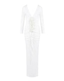 Paulina | Deep V Neck Rosette Maxi – Long Sleeve Ruched Bodycon Formal Dress
