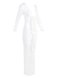 Paulina | Deep V Neck Rosette Maxi – Long Sleeve Ruched Bodycon Formal Dress