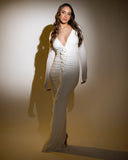 Paulina | Deep V Neck Rosette Maxi – Long Sleeve Ruched Bodycon Formal Dress